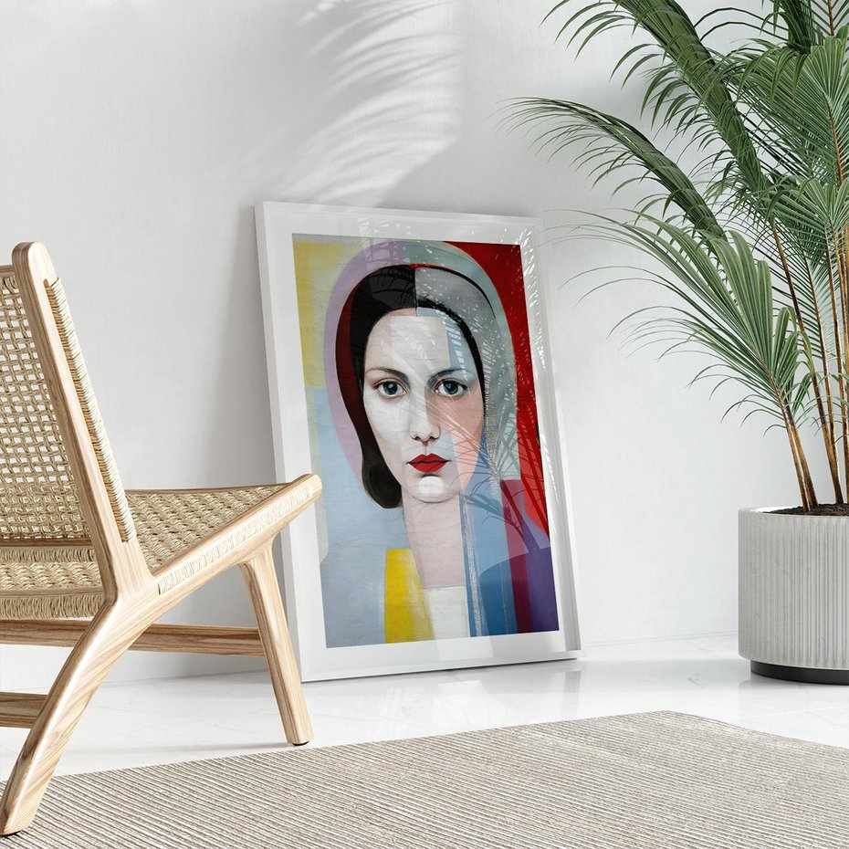 Plakat bez ramy 30x40 - Kolorowe Granice Form - abstrakcyjny obraz olejny, portret twarzy kobiety