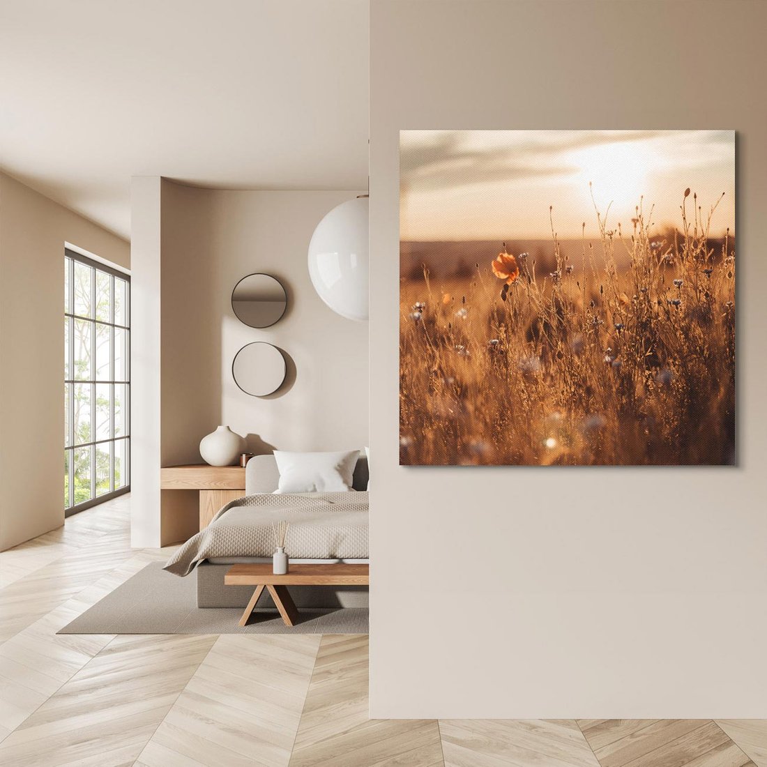 Obraz na płótnie 40x40 - Zachwyt zachodem słońca na łące - zachód, słońca