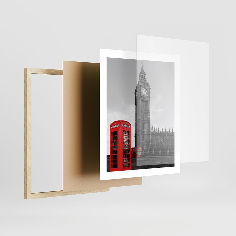 Plakat w ramie 40x50 - Budka telefoniczna przed Big Benem - budka, Londyn - rama drewno