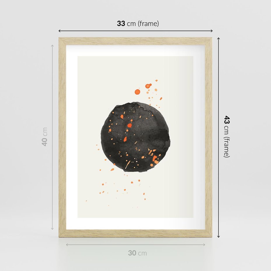 Plakat w ramie 30x40 - Wibracje Kolorów - abstrakcyjna czarna plama, rozsiane pomarańczowe kropki - rama drewno