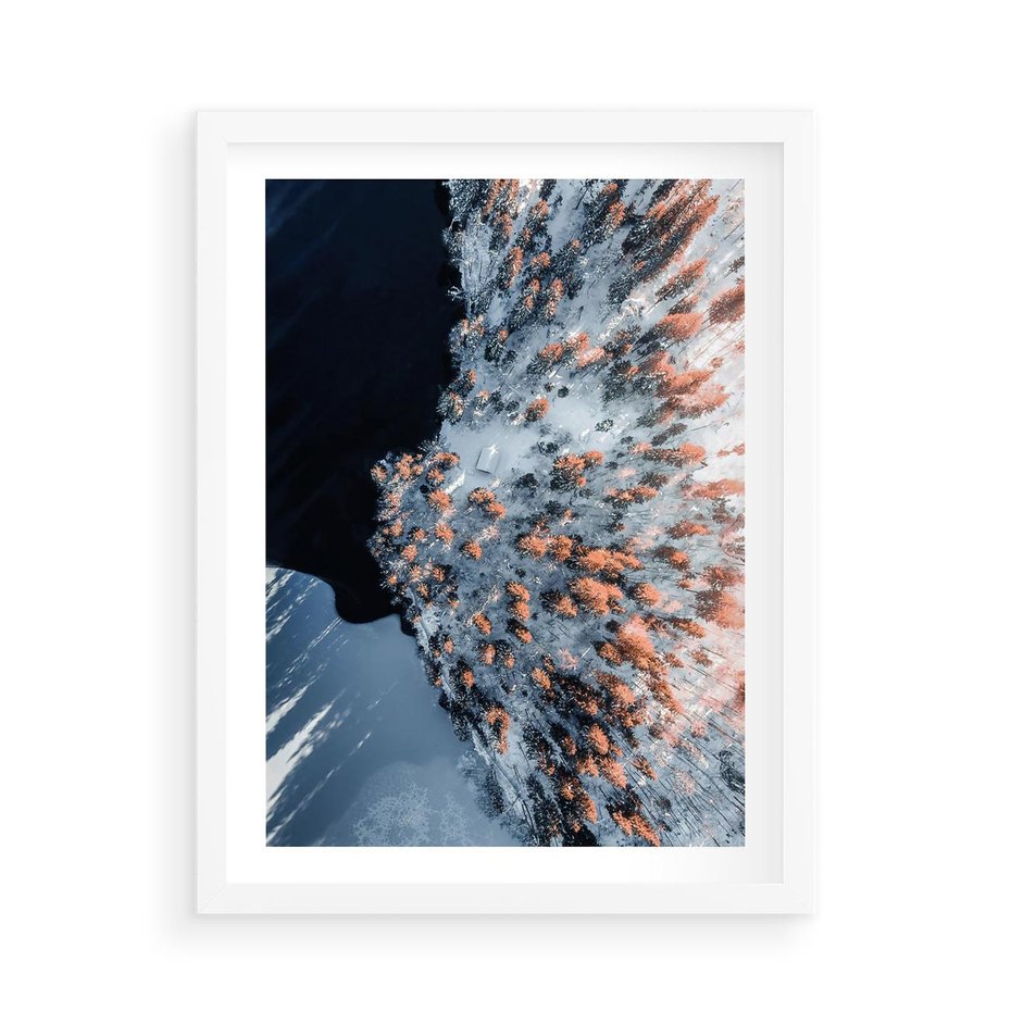 Plakat w ramie 50x70 - Lot Ptaka - zima, zimowy krajobraz - rama biała