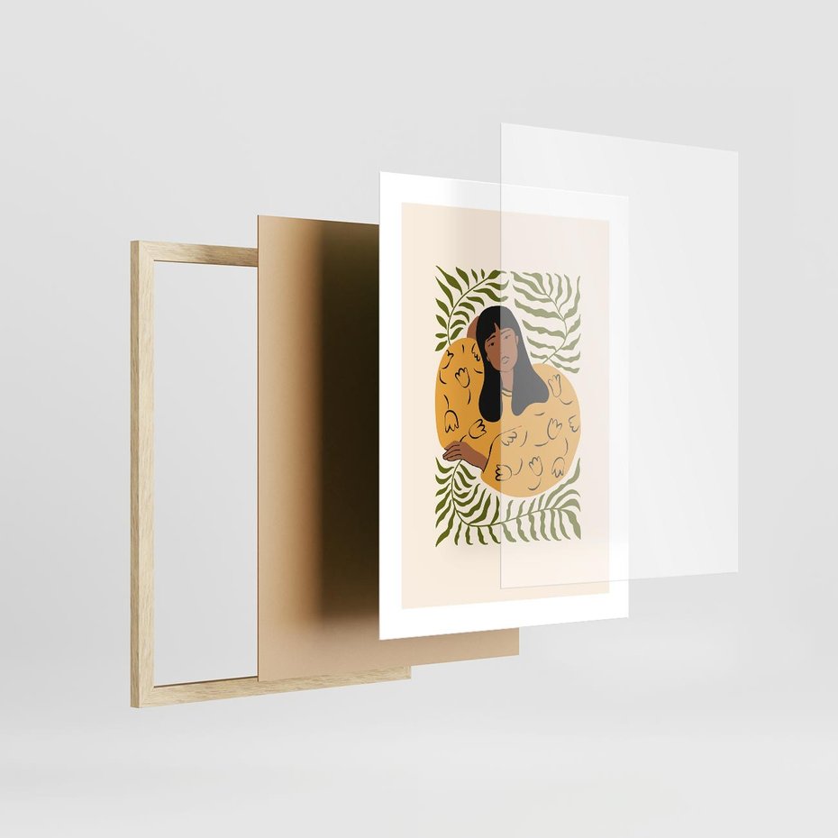 Plakat w ramie 30x40 - Malowane Odbicia Wyobraźni - nowoczesny plakat, kobieta otoczona liśćmi - rama drewno
