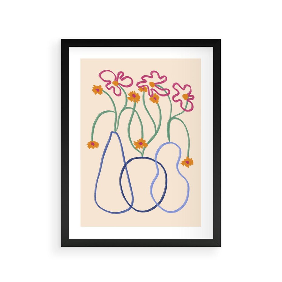 Plakat w ramie 30x40 - Migocące Pastelowe Impresje - minimalistyczny abstrakcyjny obraz, prymitywne kwiatki - rama czarna