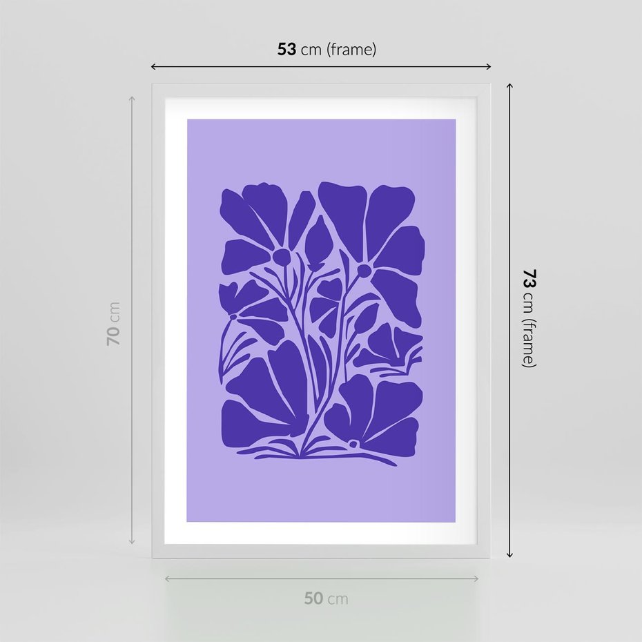 Plakat w ramie 50x70 - Migocące Boho Wibracje - kwiaty, energetyczne fioletowe tło - rama biała