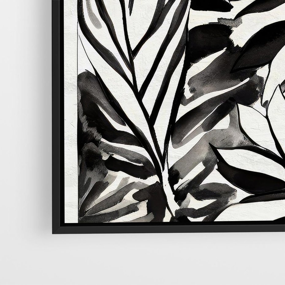 Obraz w ramie 50x50 - Czarne Liście - akwarelowy obraz, czarno biały - rama czarna