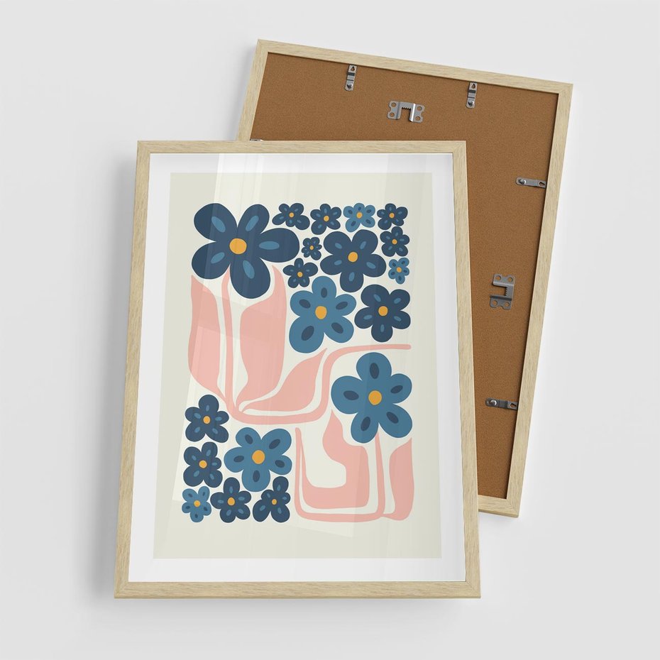 Plakat w ramie 50x70 - Niebieskie Refleksje - niebieskie kwiaty, niezapominajki - rama drewno