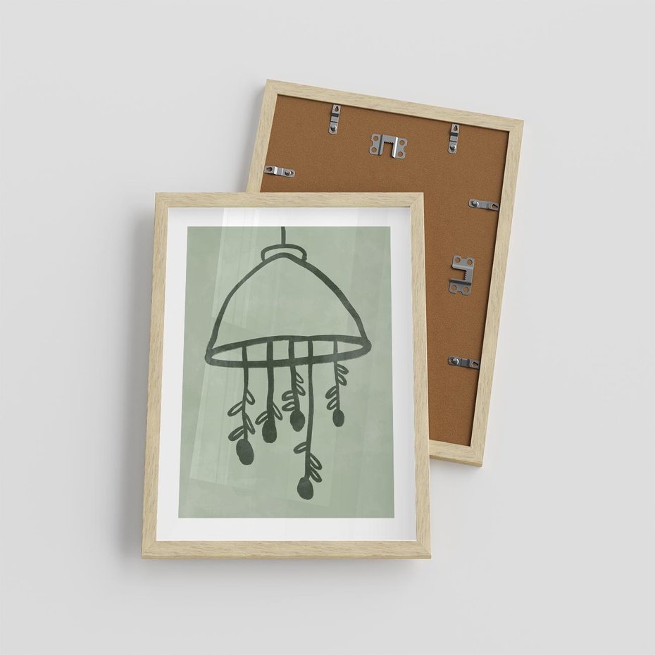 Plakat w ramie 30x40 - Zieleń Inspirującego Spokoju - plakat z abstrakcyjną zieloną lampą, skandynawski design - rama drewno