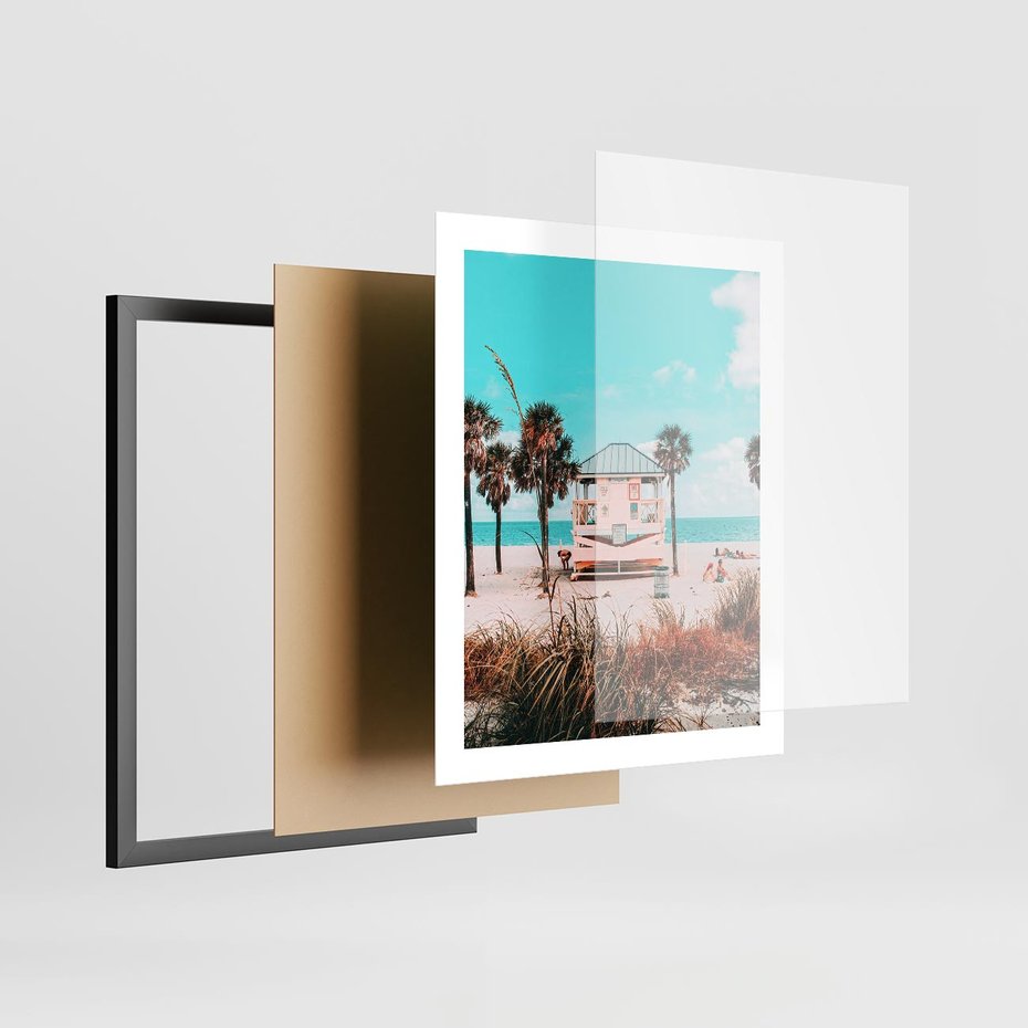 Plakat w ramie 40x50 - Plaża, Palmy i Spokój Miami - budka ratownika, plaża Miami - rama czarna