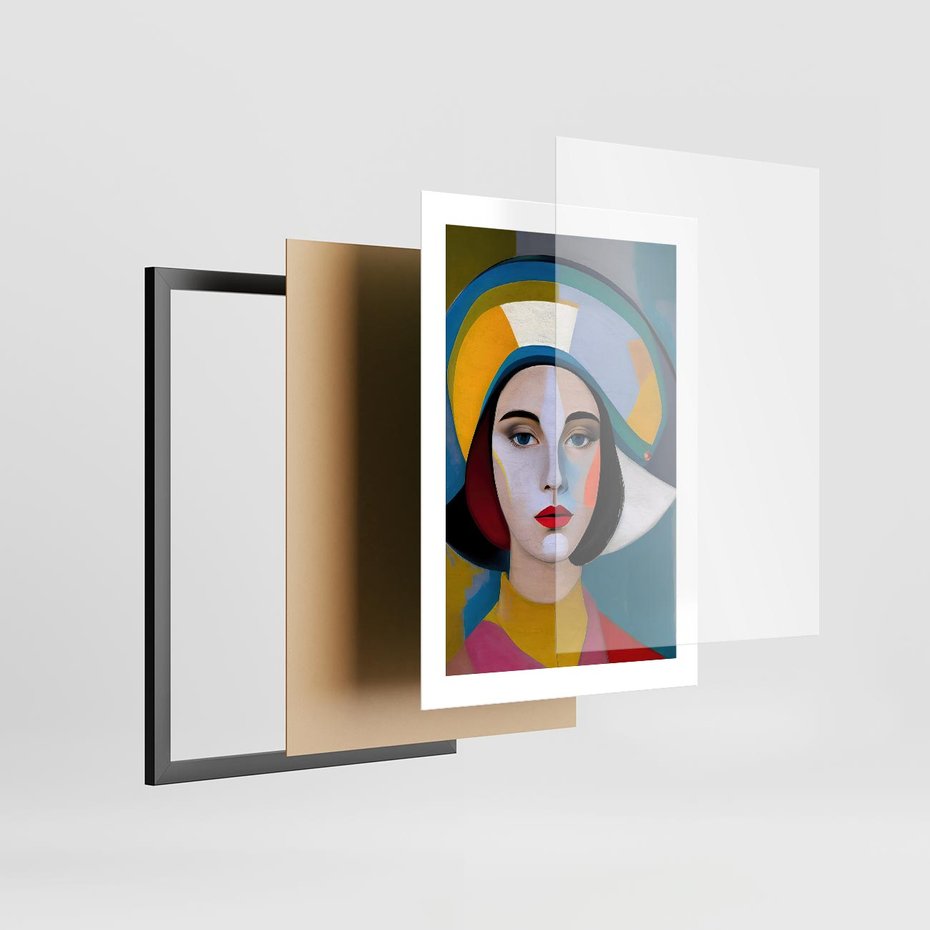 Plakat w ramie 30x40 - Kształtujące Widzenia - abstrakcyjny obraz olejny, portret twarzy kobiety - rama czarna