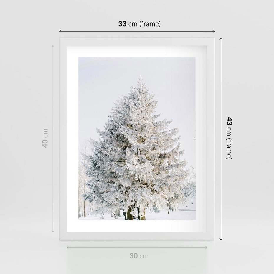 Plakat w ramie 30x40 - Zimowa Poezja w Ośnieżonym Drzewie - ośnieżone drzewo, zima - rama biała