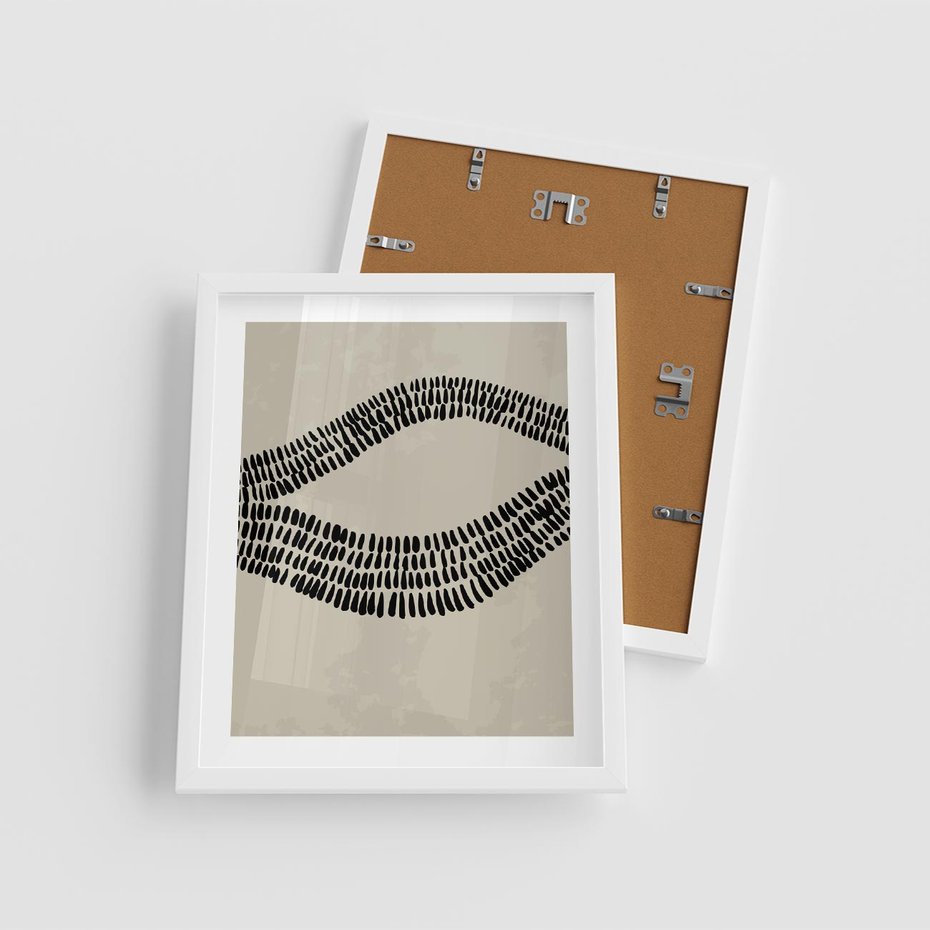Plakat w ramie 40x50 - Kontury Ewolucji Materii - boho plakat, czarne kropki kreski - rama biała
