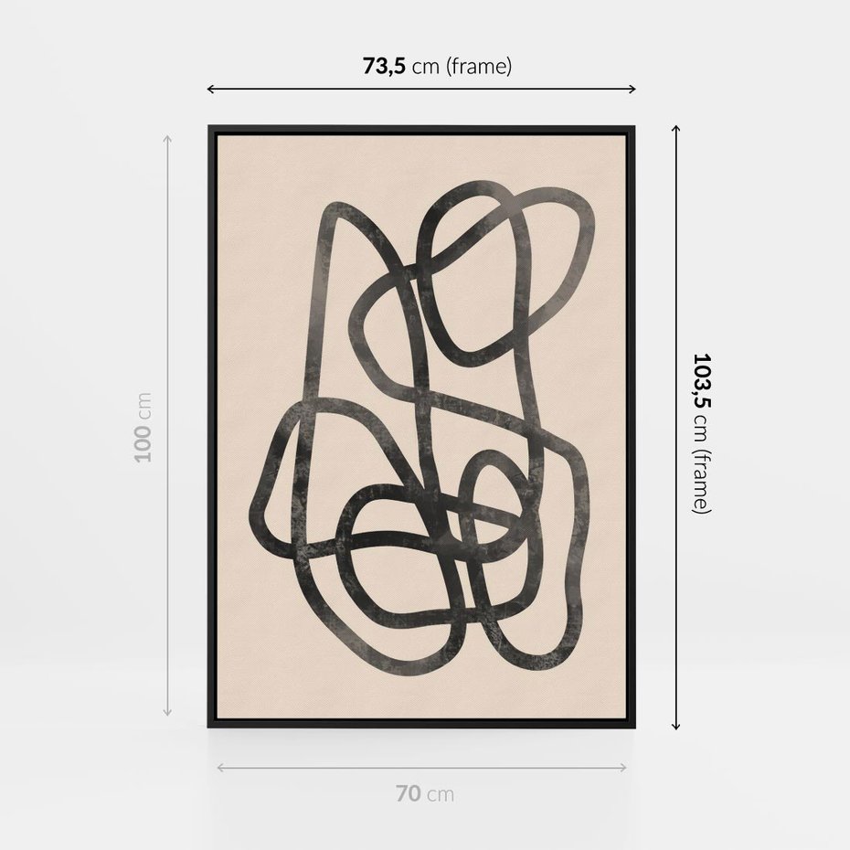 Obraz w ramie 70x100 - Przenikanie Wirtualnych Wymiarów - zaplątane minimalistyczne linie, na bezowym tle - rama czarna