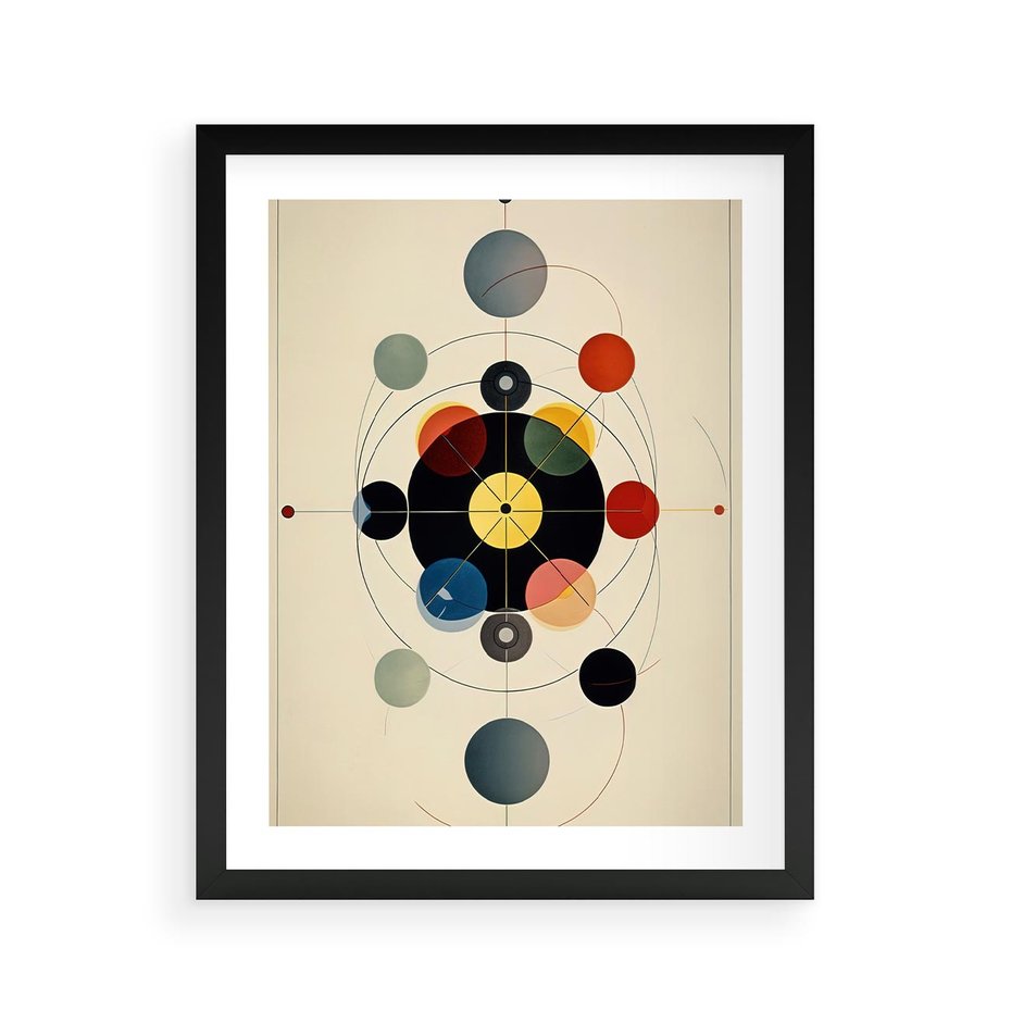 Plakat w ramie 40x50 - Bezgraniczny Taniec Światła - abstrakcyjna geometryczna kompozycja, koła linie - rama czarna