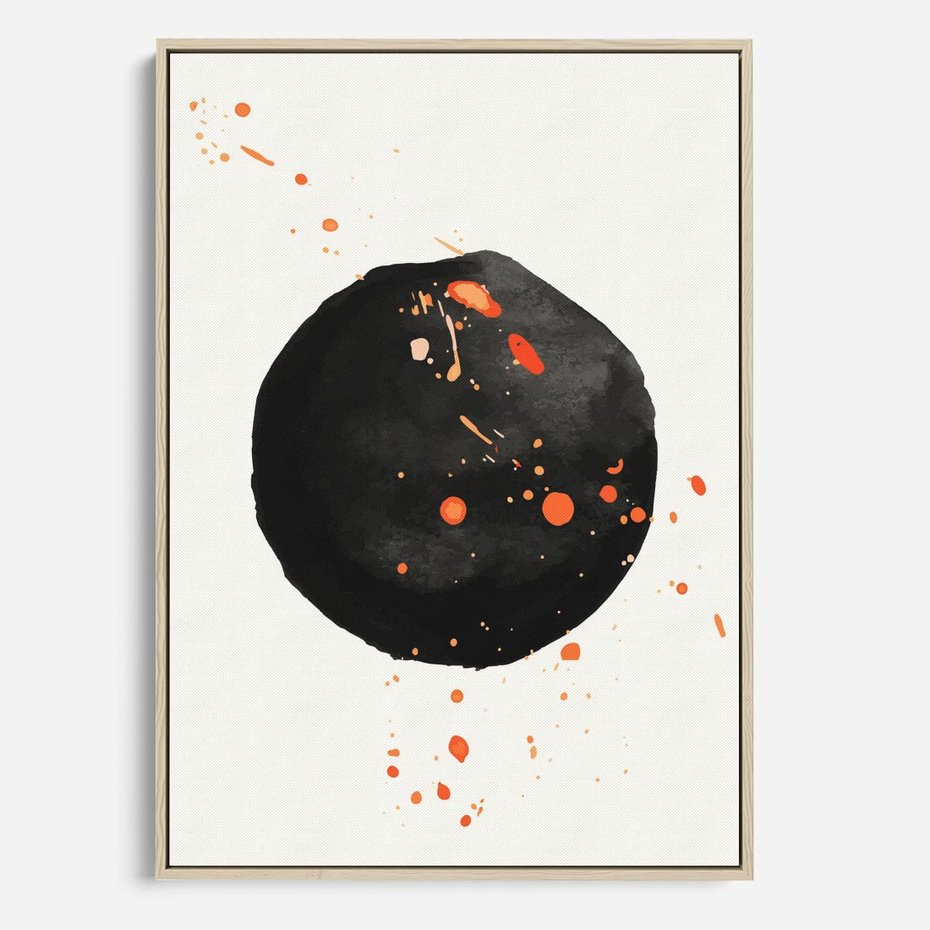 Obraz w ramie 70x100 - Wnętrza Marzeń - abstrakcyjna czarna plama, rozsiane pomarańczowe kropki - rama drewno