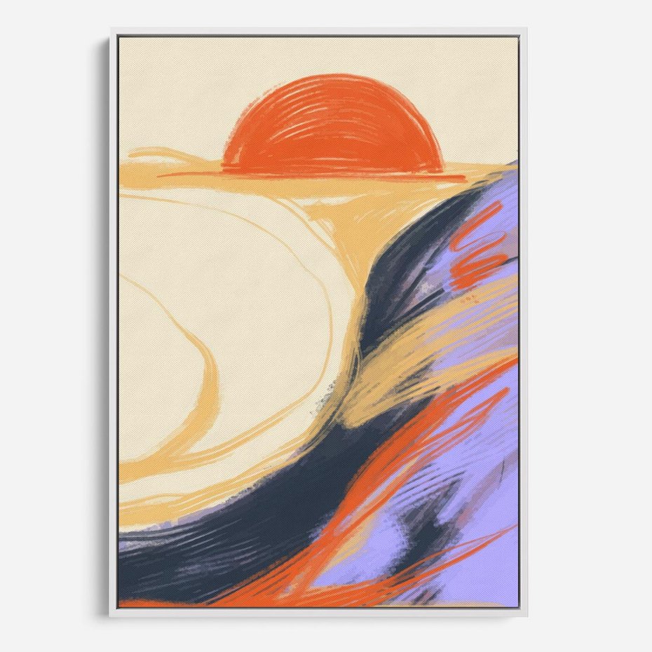 Obraz w ramie 70x100 - Pomarańczowy Horyzont - pastelowy krajobraz, nowoczesny plakat - rama biała