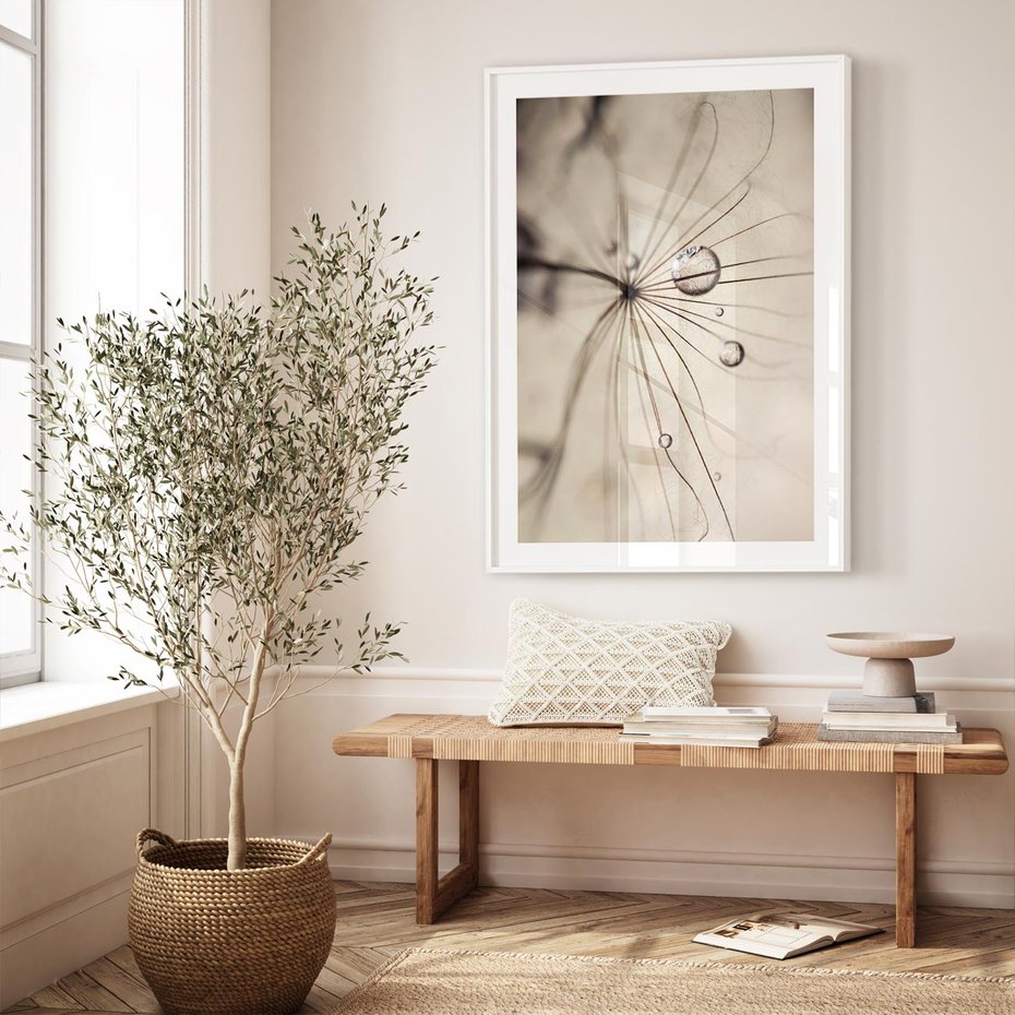 Plakat bez ramy 30x40 - Makro Uroda: Kropla na Dmuchawcu - zbliżenie makro, kropla wody na ziarenku dmuchawca