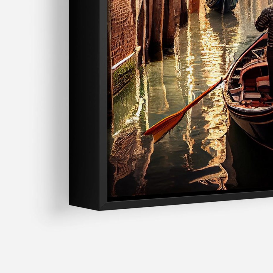 Obraz w ramie 50x50 - Spokojna Wenecja - gondolier w gondoli, kanały Wenecji - rama czarna