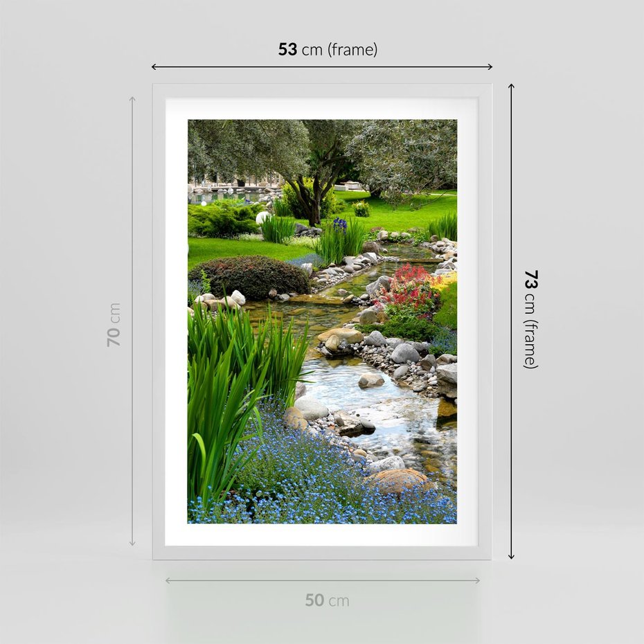 Plakat w ramie 50x70 - Ogródowy Strumyk - strumyk, ogród - rama biała