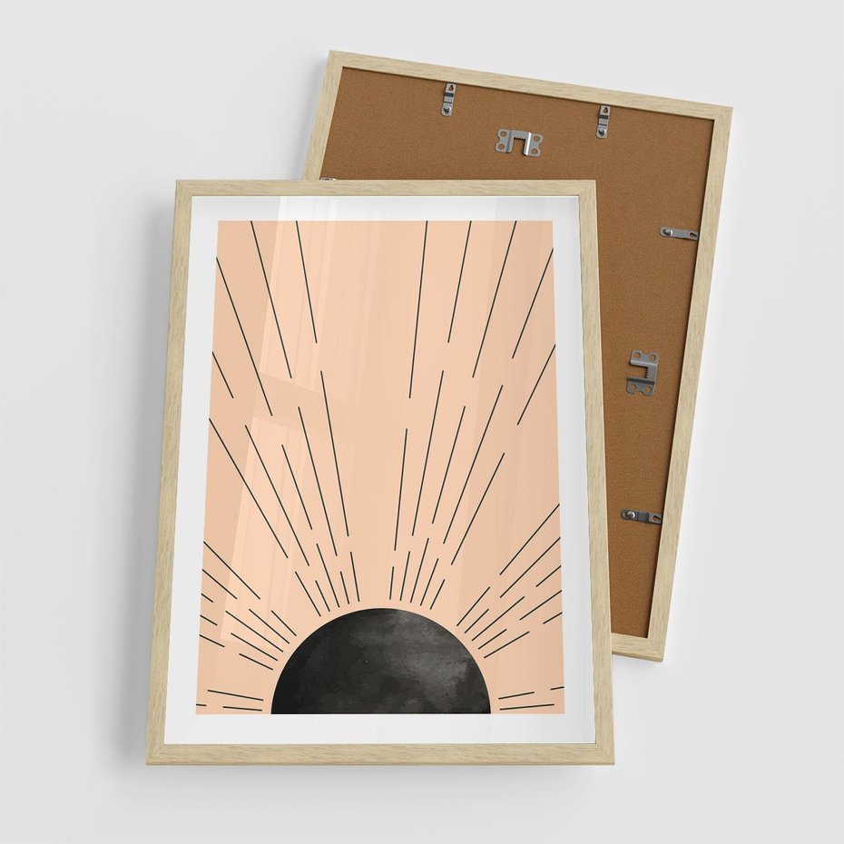 Plakat w ramie 50x70 - Migocące Kształty Promieni - boho czarne słońce, nowoczesna grafika - rama drewno