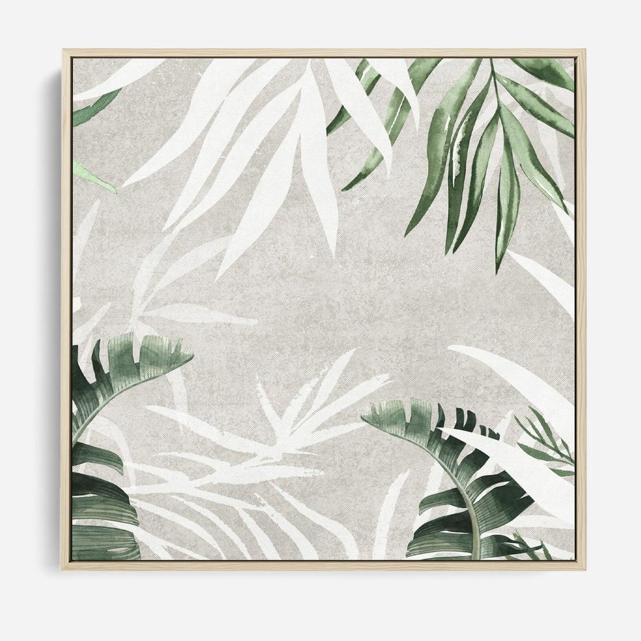 Obraz w ramie 50x50 - Zielony Raj - monstera, palmy - rama drewno