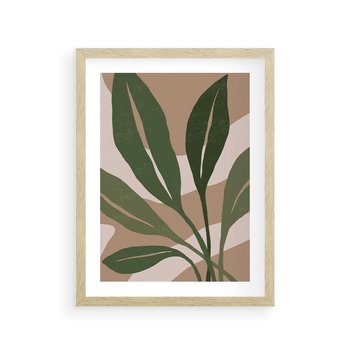 Plakat w ramie 50x70 - Nowoczesność Natury: Plakat z Zielonymi Liśćmi - nowoczesny plakat, beż - rama drewno