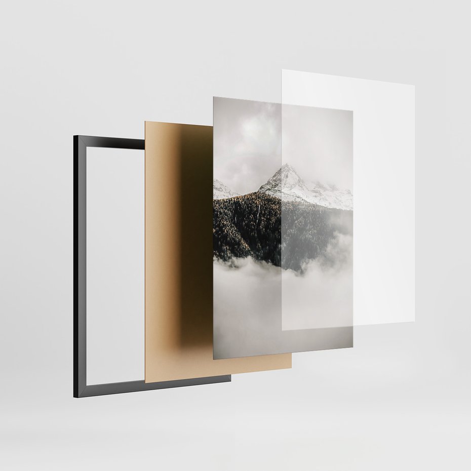 Zestaw obrazy w ramie 40x50 galeria - Rustykalna, chata, góry, mgły - rama czarna