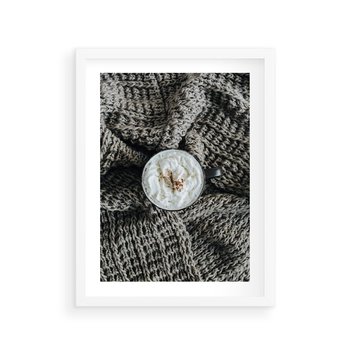 Plakat w ramie 40x50 - Relaks z Kawą i Kocem - ciepły wełniany koc, kawa z bitą śmietaną - rama biała