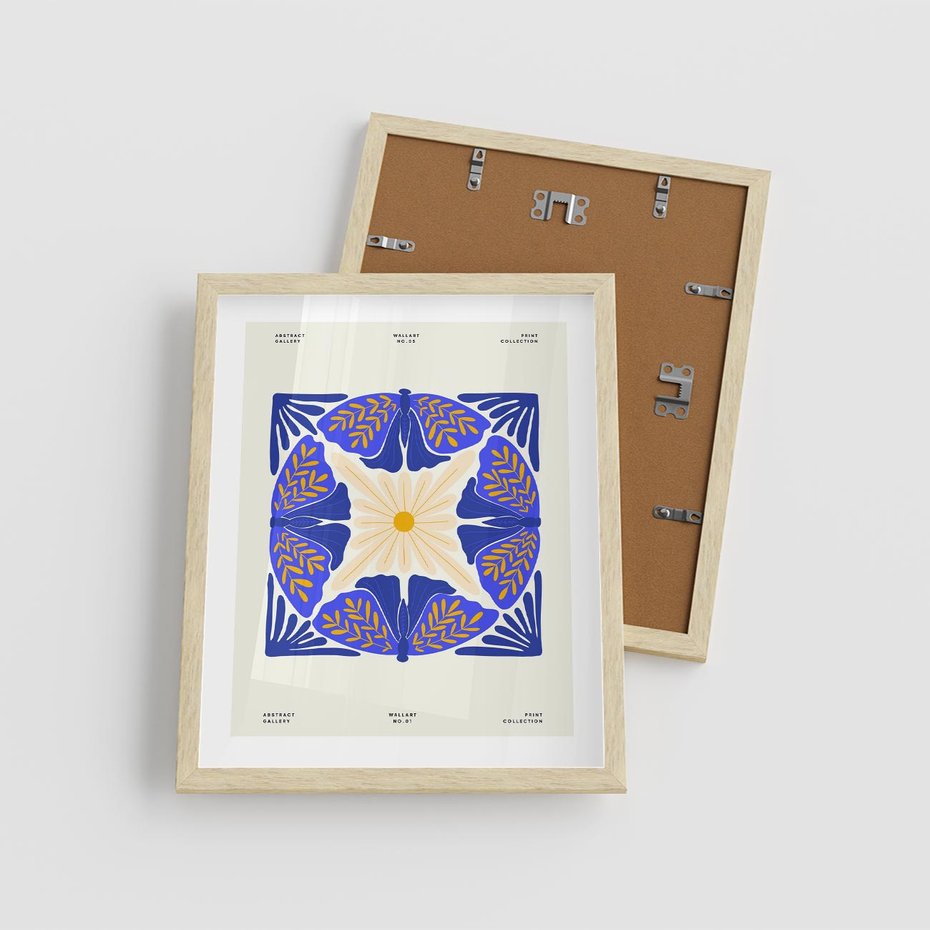 Plakat w ramie 40x50 - Księga Abstrakcji - abstrakcyjna boho kompozycja, granatowe ćmy - rama drewno