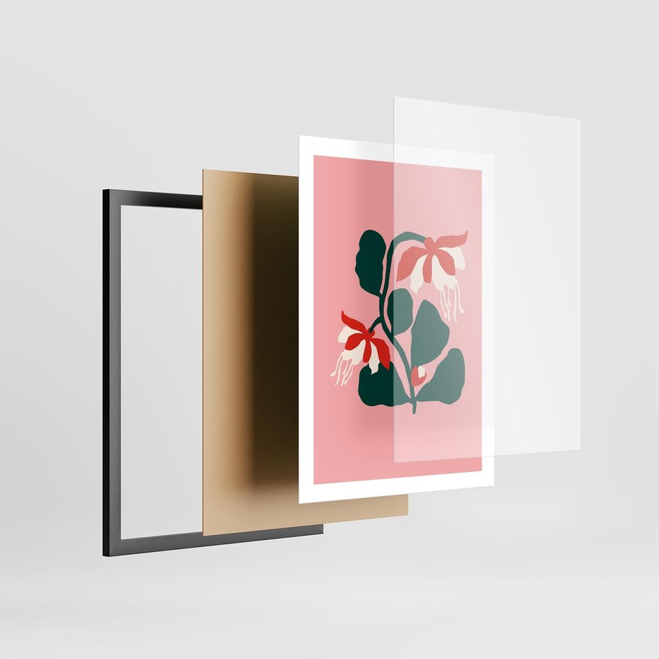 Plakat w ramie 50x70 - Migotliwa Kreatywność - abstrakcyjne kwiaty, różowe tło - rama czarna