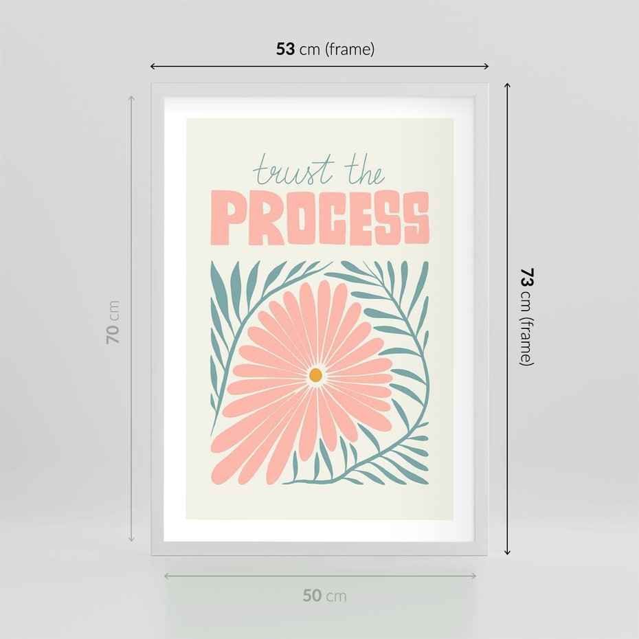 Plakat w ramie 50x70 - Symfonia Światła - typografia, pastelowa stokrotka - rama biała