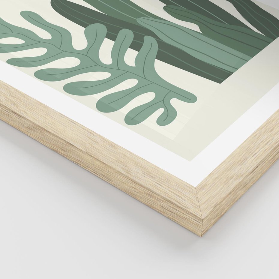 Plakat w ramie 50x70 - Graficzna Harmonia: Liście i Rośliny na Plakacie - liście, grafika - rama drewno