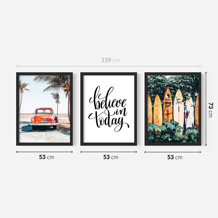Zestaw obrazy w ramie 50x70 galeria - Pozytywny, cytat, lato, palmy - rama czarna