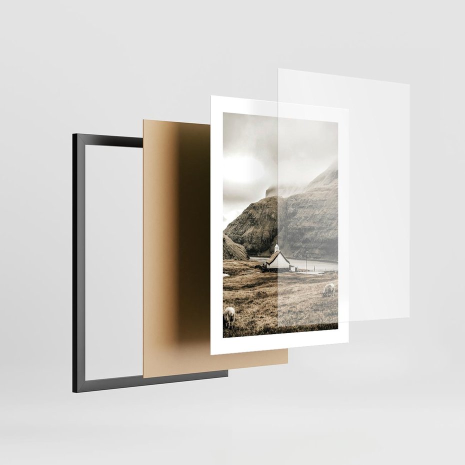 Plakat w ramie 30x40 - Kościół na Wzgórzu: Sepia Nostalgii - kościół w górach, na wzgórzu - rama czarna