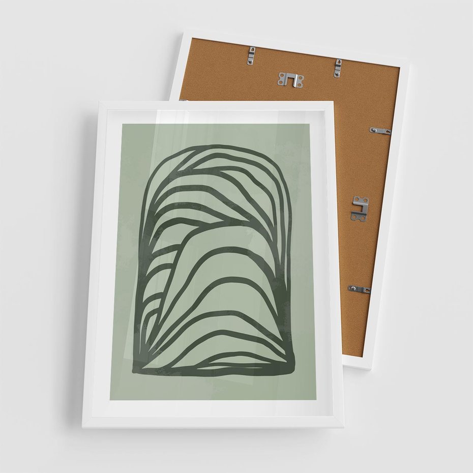 Plakat w ramie 50x70 - Zielonkawy Uścisk Natury - abstrakcyjny zielony motyw, skandynawski design - rama biała
