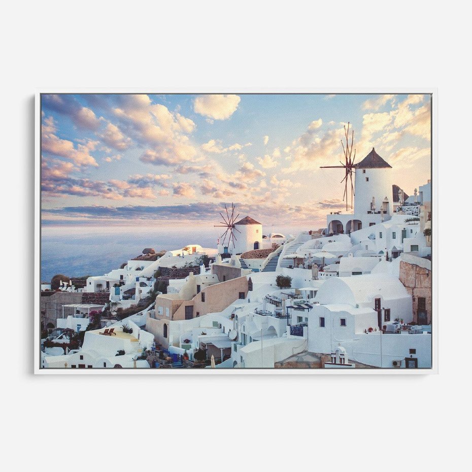 Obraz w ramie 120x80 - Biel ponad Błękitem - Santorini, białe budynki - rama biała