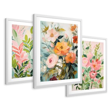 Zestaw obrazy w ramie 50x70 galeria - kwiaty, akwarela, pastele, liście - rama biała