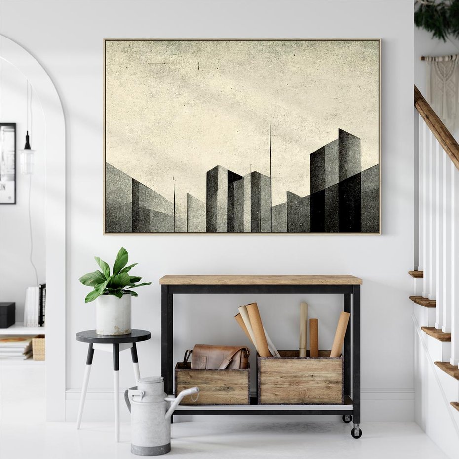 Obraz w ramie 70x50 - Mroczne Wieżowce - postarzana grafika, perspektywa budynków wieżowców - rama drewno