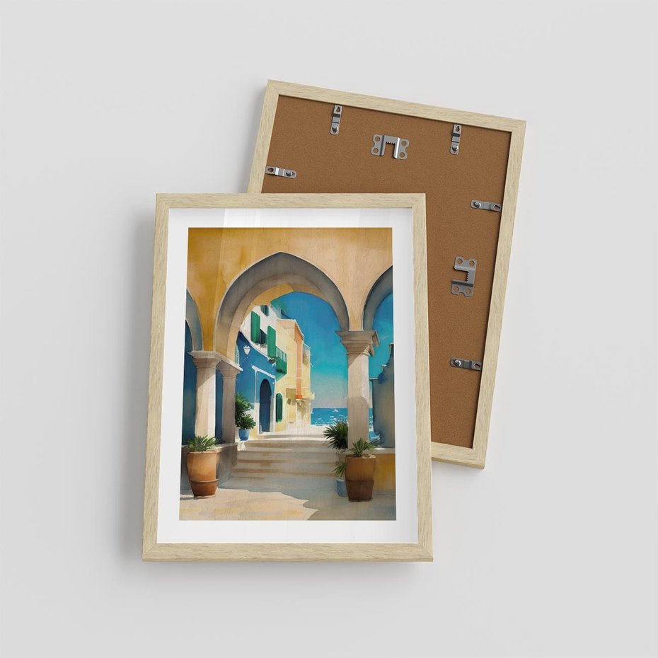 Plakat w ramie 30x40 - Nadmorskie Łuki - akwarela, śródziemnomorski klimat - rama drewno