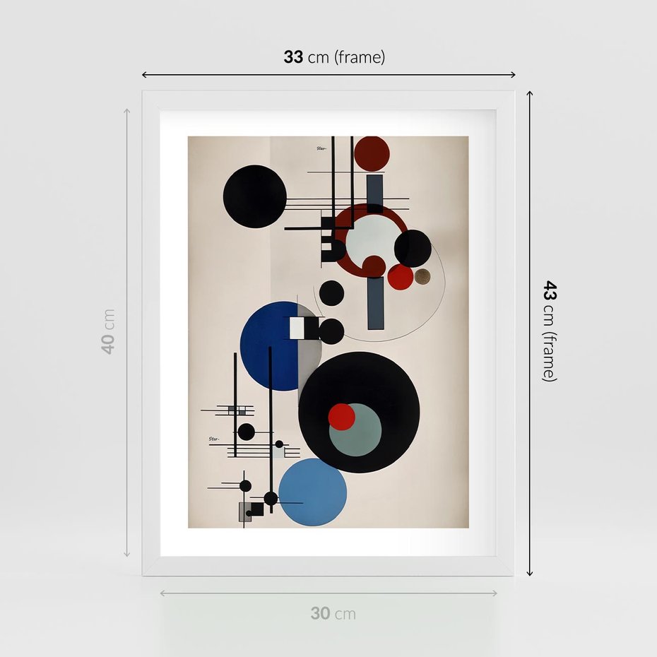 Plakat w ramie 30x40 - Rozkwitające Wibracje Wyobraźni - abstrakcyjna geometryczna kompozycja, koła linie - rama biała