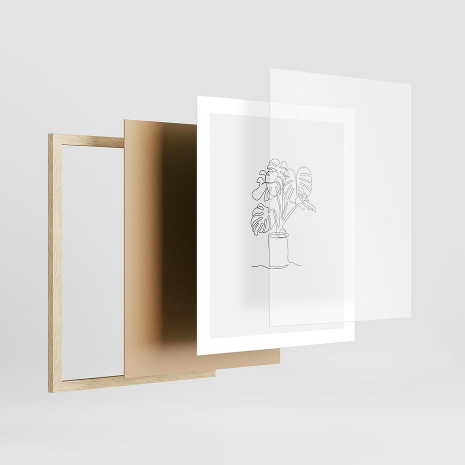 Plakat w ramie 40x50 - Tajemnicza Harmonia - sztuka one line, monstera - rama drewno