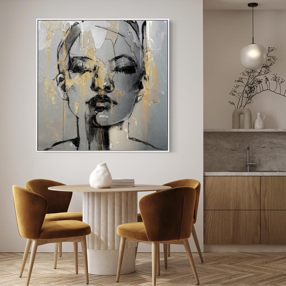 Obraz w ramie 80x80 - Kobieta - Abstrakcyjne Malowidło - złote, usta abstrakcja - rama biała