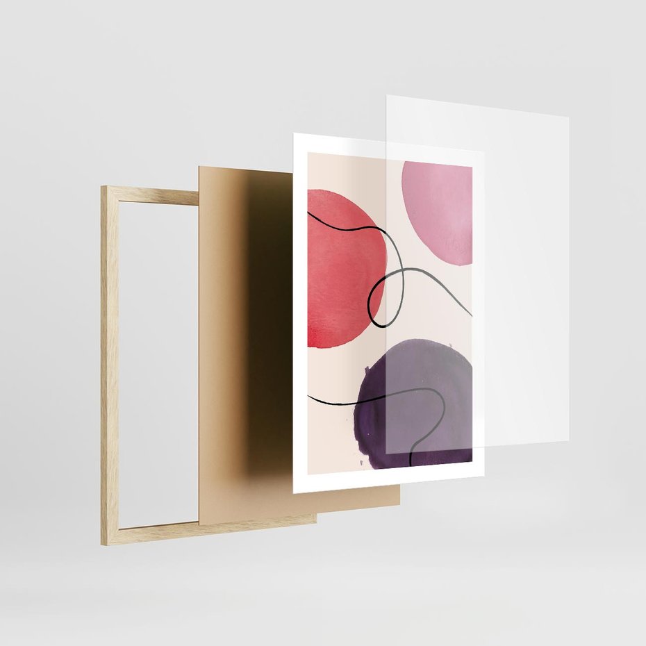 Plakat w ramie 50x70 - Migoczące Echo - abstrakcyjne akwarelowe plamy, nieregularne linie - rama drewno