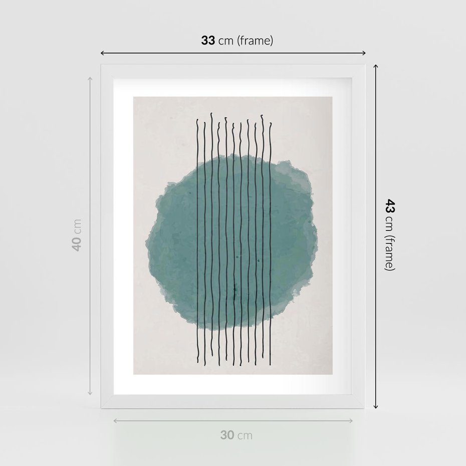 Plakat w ramie 30x40 - Podróżne Inspiracje - abstrakcyjna akwarelowa plama, nieregularne kreski - rama biała