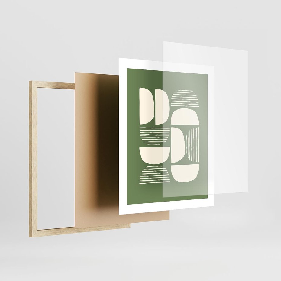 Plakat w ramie 40x50 - Migotliwe Formy - geometryczne boho kształty na brązowym, oliwkowym tle - rama drewno