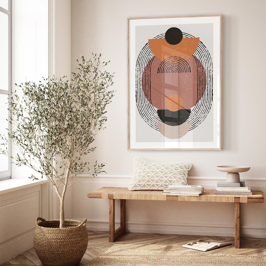 Plakat w ramie 50x70 - Abstrakcja w Odcieniach Brązu i Beżu - geometria, abstrakcyjna grafika - rama drewno