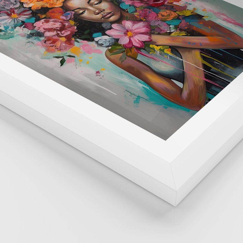 Plakat w ramie 50x70 - Z Głową w Kwiatach - obraz olejny, sztuka nowoczesna - rama biała