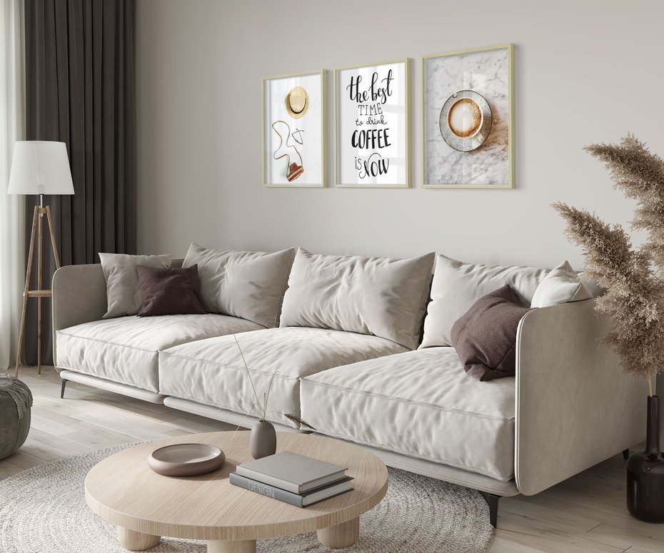 Zestaw obrazy w ramie 40x50 galeria - Kawa, podróż, kapelusz, boho - rama drewno