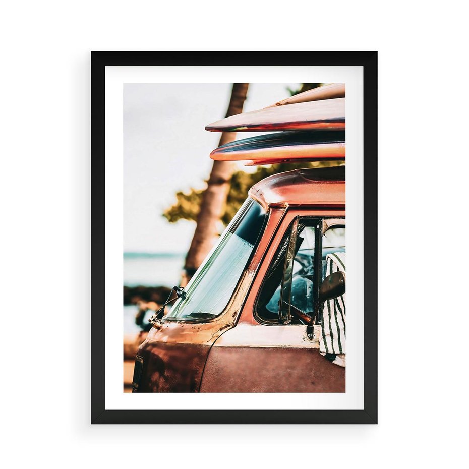 Plakat w ramie 50x70 - Surfingowa Wolność - samochód, stary van - rama czarna