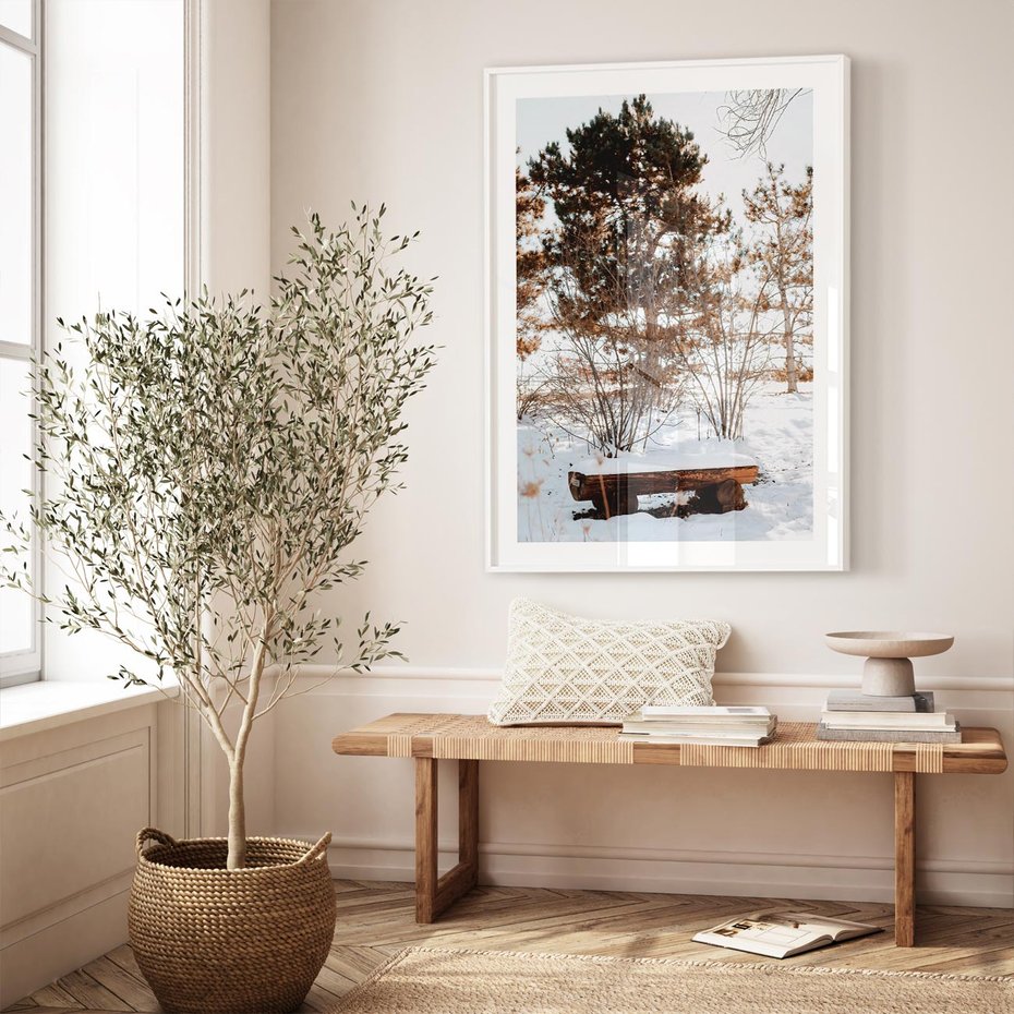 Plakat bez ramy 40x50 - Ławka Pod Śniegiem - zimowy pejzaż, ławka pod śniegiem