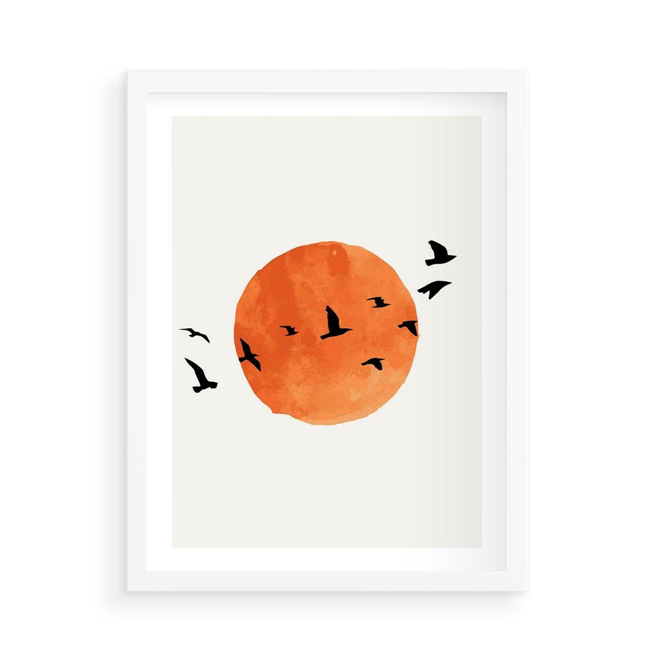 Plakat w ramie 50x70 - Zachód Słońca i Ptaki - grafika akwarela, czarne ptaki na tle zachodu słońca - rama biała